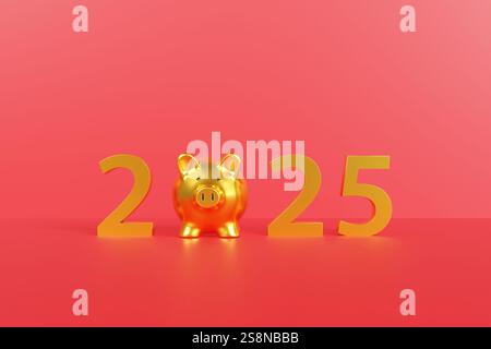 Numero d'oro 2025 con lo zero sostituito da un salvadanaio su sfondo rosso. Illustrazione del concetto di pianificazione finanziaria per il nuovo anno Foto Stock