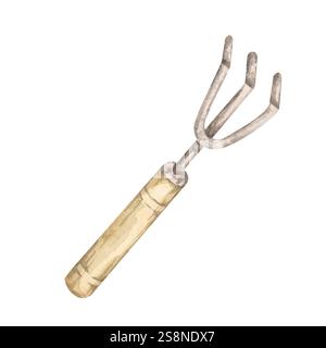 Un coltivatore a mano con manico in legno. Illustrazione acquerello dello strumento forca da giardinaggio. Ideale per motivi a tema giardinaggio, design di utensili per esterni o decorazioni rustiche per progetti di stampa e digitali Foto Stock