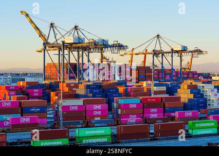 Long Beach, California - 15 gennaio 2025: Veduta aerea di un vivace cantiere navale di Long Beach pieno di contenitori colorati e macchinari pesanti su Foto Stock
