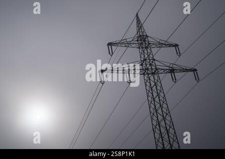 Linea elettrica aerea, asta di alimentazione, linea di alimentazione, nebbia, nebbia, Stoccarda, Baden-Wuerttemberg, Germania, Europa Foto Stock