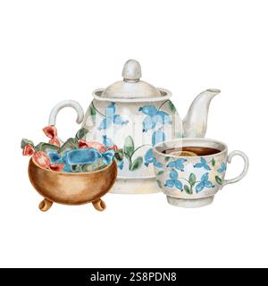 Teiera, tazza di tè e caramelle multicolore con fondo in legno su bianco. Illustrazione in acquerello per imballaggi, tessuti da cucina, tovaglioli, etichette. Foto Stock