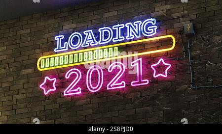Luci al neon che caricano il nuovo anno 2021, illustrazione 3D. Foto Stock
