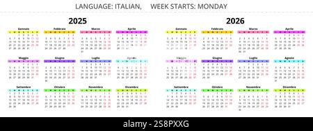 calendari a colori italiani 2025 e 2026. Anno illustrazione vettoriale impostato per l'Italia Illustrazione Vettoriale