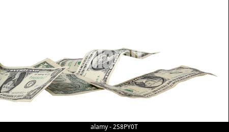Vista angolare della carta sparsi e sparsi di dollari USA, soldi, intaglio isolato sul bianco Foto Stock