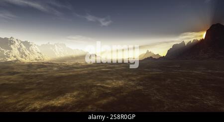 Sfondo di un paesaggio desertico al tramonto. Illustrazione 3D. Foto Stock