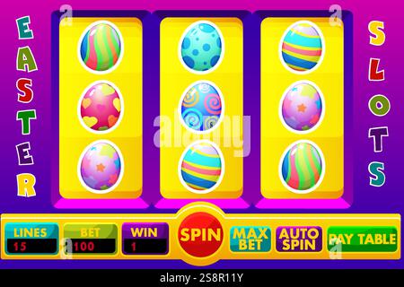 Interfaccia utente slot fortunati con set di simboli slot. Slot machine classica con pulsanti e simboli sul tema delle uova colorate del giorno di Pasqua Illustrazione Vettoriale