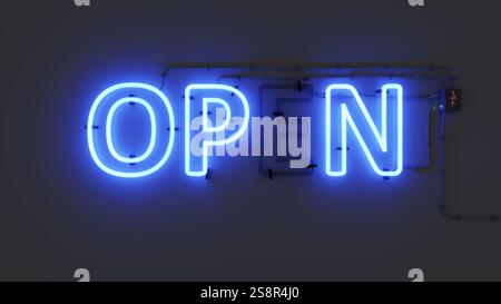 Il segnale al neon si apre con il segmento difettoso dell'illustrazione 3D. Foto Stock
