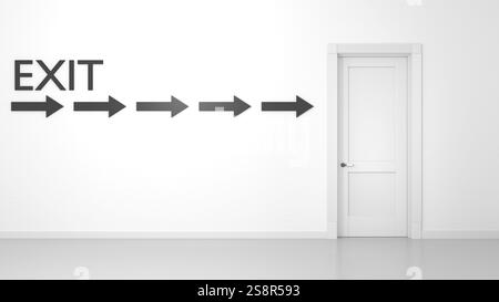 Porta con cartello di uscita sulla parete illustrazione 3D. Foto Stock