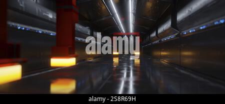 Un tunnel sifi con luci al neon. Illustrazione 3D Foto Stock