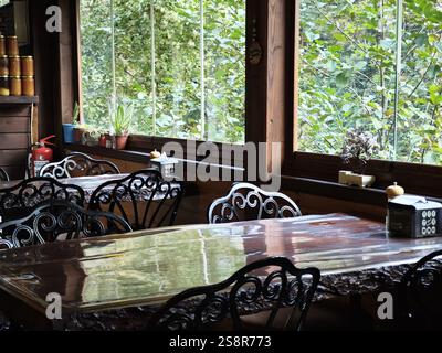 Rize, Trabzon, Turchia - 15 novembre 2024: Una zona pranzo con un tavolo in legno e sedie in ferro battuto vicino ad una grande finestra che si affaccia sulla natura Foto Stock