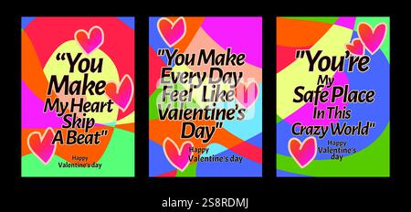 Audaci modelli di San Valentino dal cuore con moderni sfondi pastello. Un set di biglietti d'auguri di San Valentino con testo di esempio, cuori rossi e backgr astratto Illustrazione Vettoriale