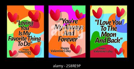 Audaci modelli di San Valentino dal cuore con moderni sfondi pastello. Un set di biglietti d'auguri di San Valentino con testo di esempio, cuori rossi e backgr astratto Illustrazione Vettoriale