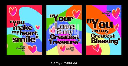 Audaci modelli di San Valentino dal cuore con moderni sfondi pastello. Un set di biglietti d'auguri di San Valentino con testo di esempio, cuori rossi e backgr astratto Illustrazione Vettoriale