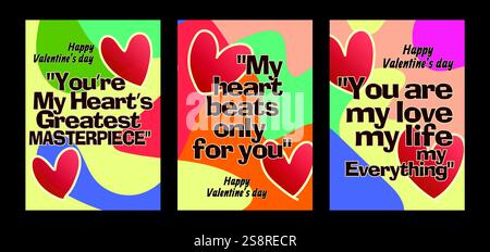 Audaci modelli di San Valentino dal cuore con moderni sfondi pastello. Un set di biglietti d'auguri di San Valentino con testo di esempio, cuori rossi e backgr astratto Illustrazione Vettoriale