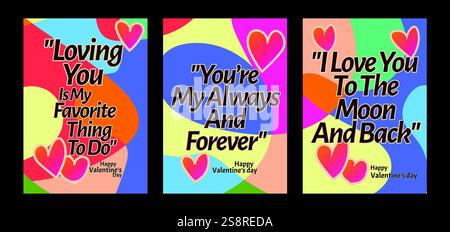 Audaci modelli di San Valentino dal cuore con moderni sfondi pastello. Un set di biglietti d'auguri di San Valentino con testo di esempio, cuori rossi e backgr astratto Illustrazione Vettoriale