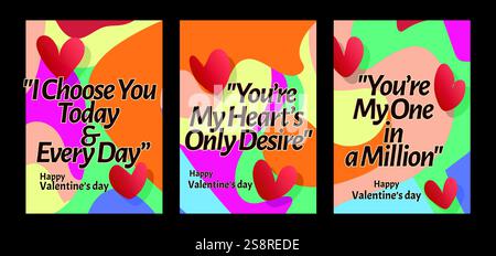 Audaci modelli di San Valentino dal cuore con moderni sfondi pastello. Un set di biglietti d'auguri di San Valentino con testo di esempio, cuori rossi e backgr astratto Illustrazione Vettoriale