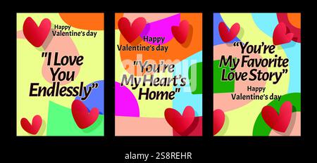 Audaci modelli di San Valentino dal cuore con moderni sfondi pastello. Un set di biglietti d'auguri di San Valentino con testo di esempio, cuori rossi e backgr astratto Illustrazione Vettoriale