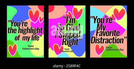 Audaci modelli di San Valentino dal cuore con moderni sfondi pastello. Un set di biglietti d'auguri di San Valentino con testo di esempio, cuori rossi e backgr astratto Illustrazione Vettoriale