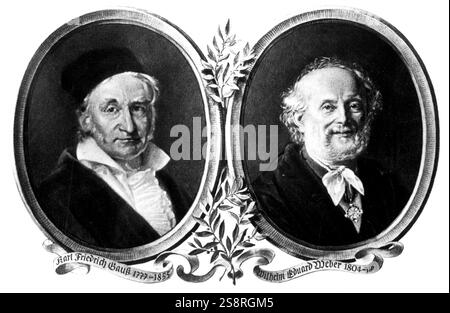 Ritratti di Carl Friedrich Gauss (1777-1855) un matematico tedesco e Wilhelm Eduard Weber (1804-1891) un fisico tedesco e inventore. Datata del XIX secolo Foto Stock