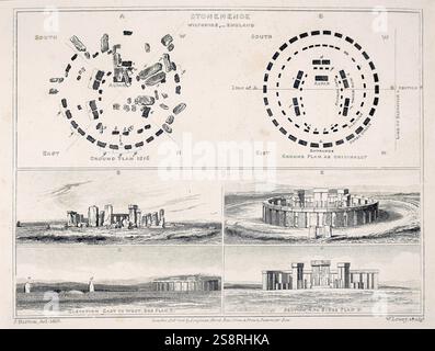 Incisione raffigurante Stonehenge come era nel XIX secolo e di come potrebbe essere stato quando fu originariamente costruito. Datata del XIX secolo Foto Stock