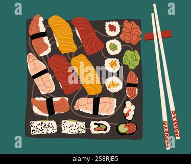 Sushi giapponese, piatto da portata vista dall'alto Illustrazione Vettoriale
