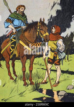 Illustrazione raffigurante Carlo Magno, separato dal suo partito in una tempesta, offerto riparo da un carbonaio. Carlo Magno (742 AD - 814 D.C.) re dei Franchi, re dei Longobardi e imperatore dei romani. Illustrata da Thomas Heath Robinson (1869-1954) un illustratore inglese. In data xx secolo Foto Stock