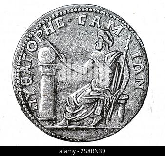 Incisione raffigurante Pitagora, Ionio un filosofo greco e l'omonimo fondatore del movimento Pythagoreanism. Datata del XIX secolo Foto Stock