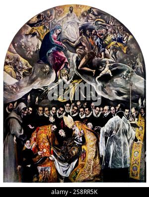La sepoltura del conte di Orgaz è un dipinto del 1586 di El Greco, un importante pittore rinascimentale, scultore e architetto di origine greca. Ampiamente considerato tra le sue opere migliori, illustra una popolare leggenda locale del suo tempo. Un dipinto eccezionalmente grande, è diviso in due sezioni, celeste sopra e terrestre sotto, ma dà poca impressione di dualità, poiché le sezioni superiore e inferiore sono riunite compositivamente Foto Stock