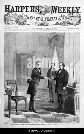 George T. Brown, sergente d'armi, al servizio della convocazione del presidente Johnson, disegnato da T.R. Davis, sulla prima pagina di Harper's Weekly Foto Stock