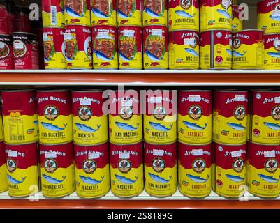 Kota Kinabalu, Malesia - 20 gennaio 2025: Lo sgombro e la sardine di Ayam Brand in uno scaffale al supermercato. Foto Stock