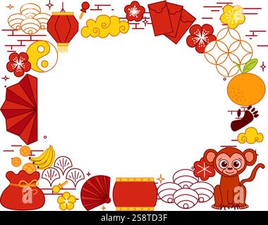 Felice anno nuovo cinese 2028 scimmia. Striscione per il festival delle lanterne lunari con posto ovale per il prodotto dello spettacolo. Biglietto d'auguri. Telaio Cina con lanterna Vector gra Illustrazione Vettoriale