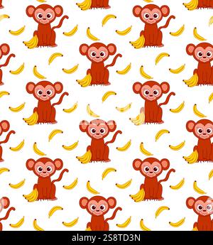 Motivo senza cuciture con simpatiche scimmie e banane. Sfondo della linea grafica vettoriale cartoni animati. Illustrazione Vettoriale