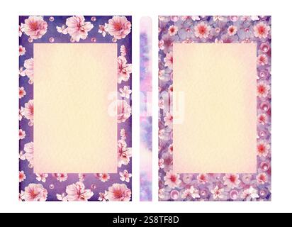 Cornice di sfondo astratto viola blu rosa giallo con motivo floreale di ciliegio rosa fiorente con carta intestata bianca beige all'interno. Acquerello floreale Foto Stock