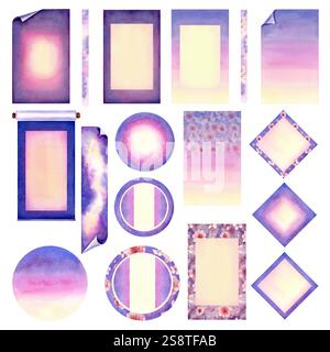 Cornice di sfondo astratto viola blu rosa giallo con motivo floreale di ciliegio rosa fiorente con carta intestata bianca beige all'interno. Set di acquerelli Foto Stock
