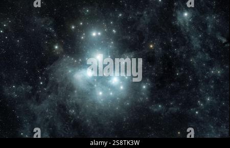 L'astrofotografia nello spazio profondo delle Pleiadi, una maestosa scena cosmica di un ammasso di stelle aperte Foto Stock