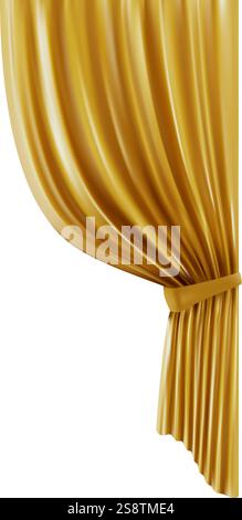 Eleganti tende dorate, legate con un nastro, svelano uno sfondo bianco luminoso, perfetto per mostrare annunci o presentazioni Illustrazione Vettoriale