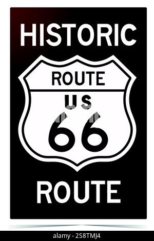 Cartello stradale americano per la storica Route 66, con pendenza marrone, isolato su sfondo bianco o trasparente Illustrazione Vettoriale