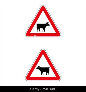 Cartello segnaletico di attraversamento del bestiame che indica gli animali su strada Illustrazione Vettoriale