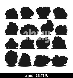 Set di sedici diverse sagome scure di cespugli di cartoni animati isolati su sfondo bianco. Illustrazione vettoriale Illustrazione Vettoriale