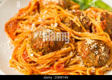 Polpette di spaghetti italiani fatti in casa con salsa di pomodoro e basilico Foto Stock