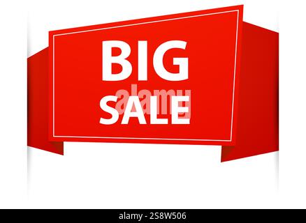 Il nastro rosso ondeggiava in modo prominente, con testo in grassetto sulle grandi vendite, promuovendo sconti significativi su vari prodotti e servizi, migliorando il marketing Illustrazione Vettoriale