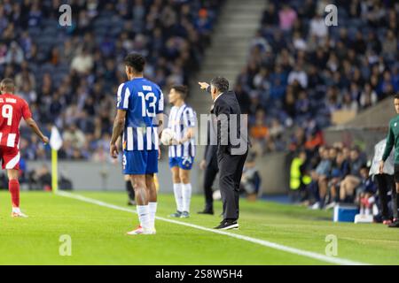 Scene d'azione del gioco per la partita UEFA Europe League 2024/25 tra FC Porto e Olympiacos FC il 23 gennaio 2025 a Estádio do Dragão, Porto Foto Stock