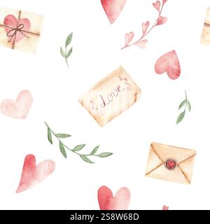 Motivo senza cuciture per San Valentino o matrimonio con acquerello con buste artigianali rosa Hearts, lettere d'amore vintage e rami verdi. Mano acquerello Foto Stock