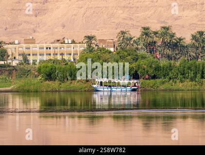 Una tranquilla cittadina lungo il fiume di Naqadah in Egitto, con edifici tradizionali e vegetazione lussureggiante, con deserto del Sahara alle spalle Foto Stock