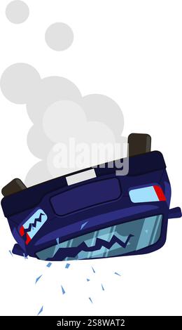 Vettura rotta capovolta dopo un incidente stradale, fuoriesce fumo da sotto il cofano, il lunotto è rotto e i frammenti di vetro lo sono Illustrazione Vettoriale
