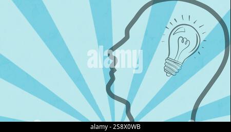 Immagine del cervello umano con una lampadina sopra le strisce che girano Foto Stock