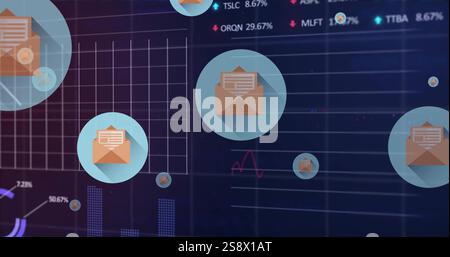 Immagine dell'elaborazione dei dati finanziari con icone delle buste su sfondo nero Foto Stock