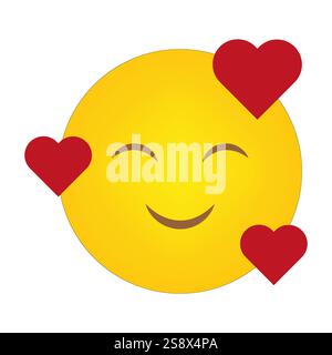 Emoji sorridente. Accenti rossi del cuore. Icona gialla brillante. Simbolo del concetto d'amore. Illustrazione Vettoriale