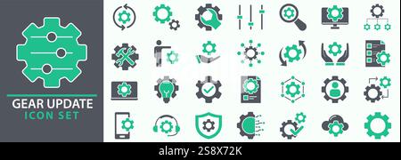 Set di icone ingranaggi. Serie di icone relative a marce, comando, attrezzo, sistema. Collezione di icone lineari. Collezione di icone di aggiornamento degli ingranaggi. Illustrazione vettoriale. Illustrazione Vettoriale