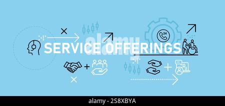 Concetto di offerta di servizi che mette in evidenza il supporto al cliente l'assistenza pubblica i servizi di ospitalità l'assistenza professionale e la soddisfazione del cliente per il servizio Illustrazione Vettoriale